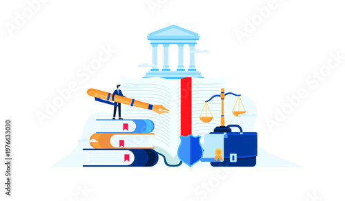 Legal Education and Justice System Illustration with Books, Scales, and Courthouse