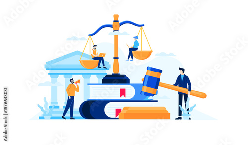 Digital Law and Justice System Concept with Online Lawyers, Scales, Gavel, and Books