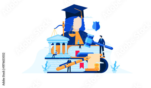Legal Education and Justice System Concept: Graduation, Law Books, Courthouse, Scales of Justice, and Legal Professionals