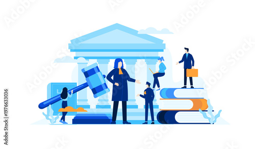 Justice System Concept: Judge, Gavel, Courthouse, Law Books, and Legal Professionals