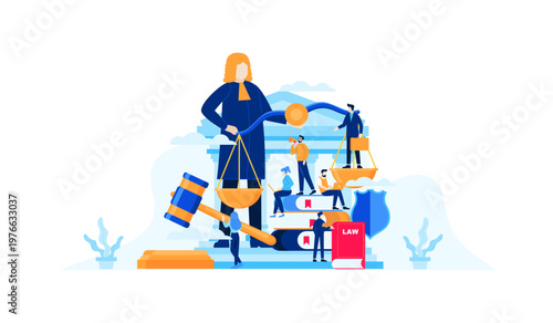 Lawyer Judge Holding Scales of Justice with Legal Team, Gavel, and Law Books Illustration