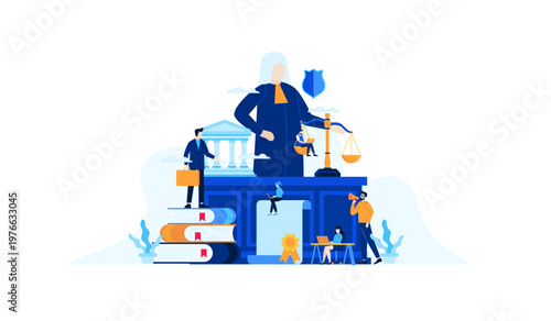 Digital Law and Justice System Concept with Online Lawyers, Scales, Gavel, and Books design