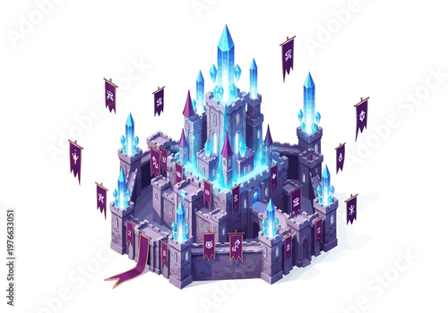 Majestic castle with glowing crystals, banners, and fortified walls, evoking a fantasy realm or strategic game