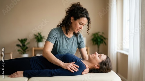 During a somatic therapy session, a therapist utilizes gentle touch, focused breathing, and mindful presence to connect with a client.