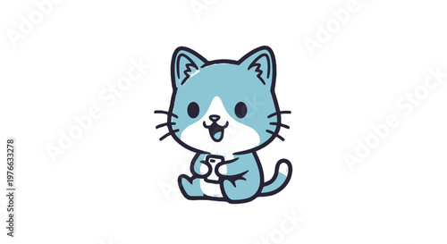 Cute cartoon cat with blue fur and white markings, smiling happily.