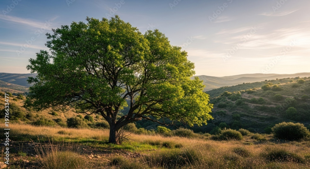 Fototapeta premium Majestic Solitary Tree Bathed in Golden Hour Light on Rolling Hills.