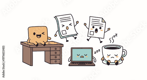 Cute Cartoon Office Supplies and Items with Expressions and Emotions.