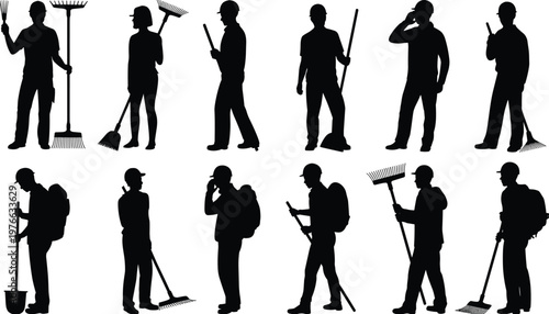 Cleaning worker silhouettes with broom rake tools maintenance janitor people black shadow vector illustration set service labor design collection