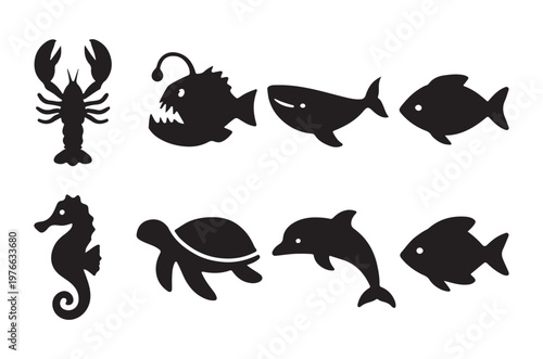 Black silhouettes of various marine creatures swim in a row