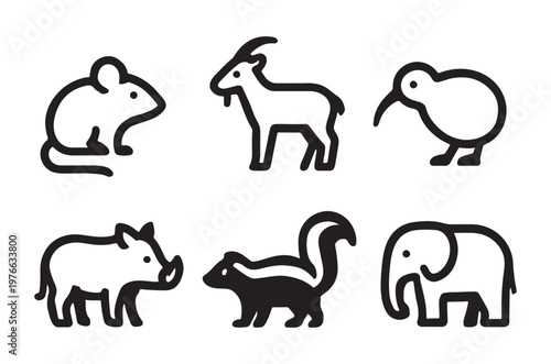 Simple line drawings depicting a variety of different animals