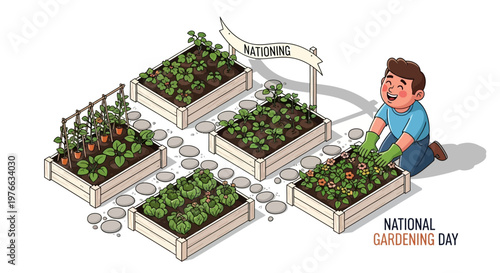 A cartoon-style vector illustration depicts a happy child tending to raised garden beds filled with various plants on National Gardening Day, set against a clean white background