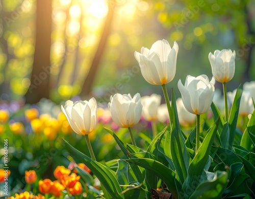 Beautiful white tulips blossom in a spring garden, showcasing the natural beauty of each floral petal and green leaf