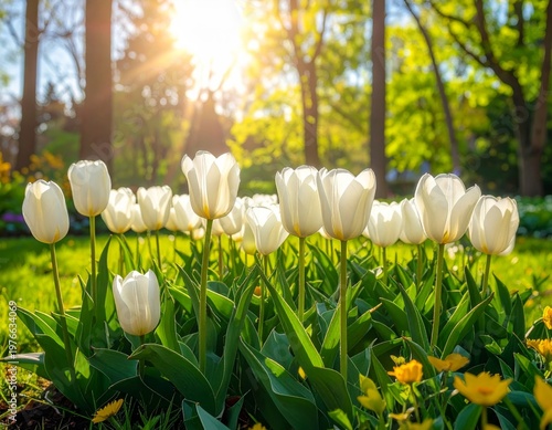 Beautiful white tulips blossom in a spring garden, showcasing the natural beauty of each floral petal and green leaf