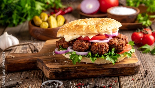 Close-up of a delicious sandwich with meatballs and fresh vegetables
