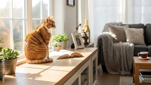 Cozy living room scene with a ginger cat basking in sunlight by the window.