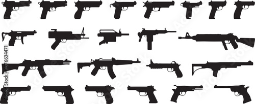gun silhouettes lineup of pistols rifles shotguns vector icons set