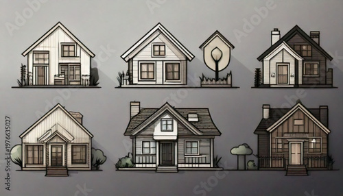 Collection of Diverse Architectural House Styles Illustrated.