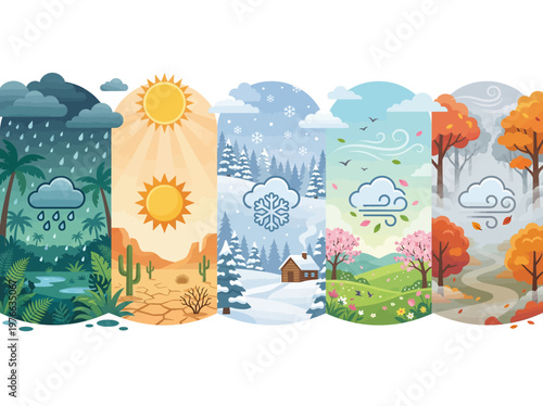 A vibrant illustration depicting the distinct characteristics of the four seasons and their associated weather patterns