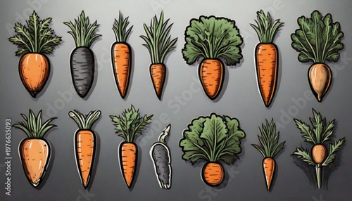 Collection of pixel art carrots with green tops.