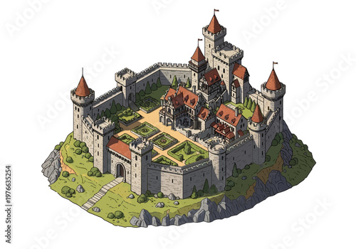 Magnificent medieval castle fortress, a historical architectural masterpiece perched atop a grassy hill, showcasing its fortified walls, towers, and manicured gardens