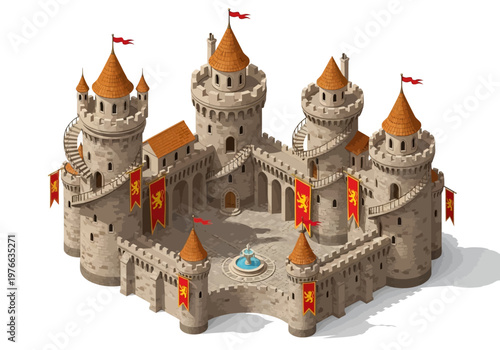 A detailed isometric illustration of a medieval castle with towering turrets, battlements, and banners flying proudly in the courtyard