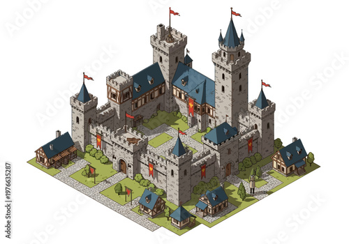 Isometric view of a medieval castle with surrounding village, featuring towers, walls, and houses, set against a neutral background