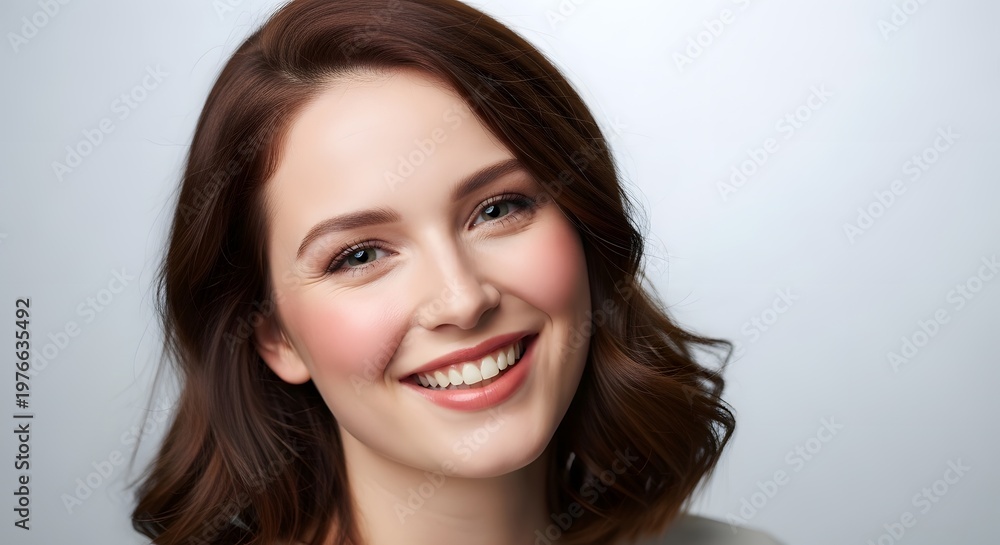 Fototapeta premium Close up portrait of a beautiful young woman with brown wavy hair smiling cheerfully against a clean white background