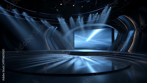 Futuristic stage with bright blue spotlight beams and dynamic digital screen display, modern broadcast studio set with circular platform, digital graphics, abstract background, atmospheric lighting.