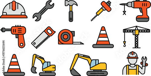 Construction tools icons set helmet wrench hammer drill excavator traffic cone crane worker equipment vector illustration collection design