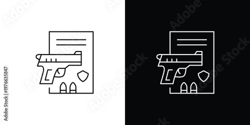 Outline vector icon depicting a pistol, bullets, and a legal document, symbolizing firearm permits, gun ownership laws, and security regulations