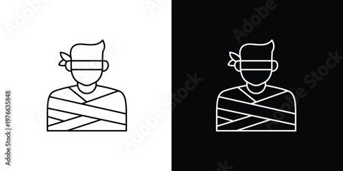 Minimalist Line Art Icon Representing a Blindfolded and Bound Person, Symbolizing Restriction, Inability to See, and Vulnerability in Challenging Situations