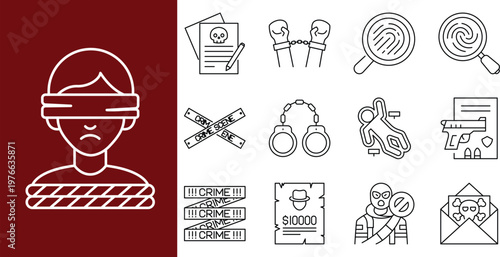 Crime scene investigation icons featuring handcuffs, fingerprint, and evidence
