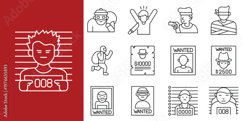 Set of linear icons illustrating criminal activity, wanted posters and law enforcement