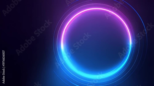 Abstract neon circle background with glowing blue and purple light rings in motion showing futuristic energy loop with dynamic colorful rays creating cinematic digital space for technology.