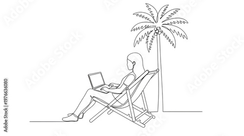 Freelance work life balance illustration in minimalist continuous line style for graphic design.one line art of a freelancer sitting on a deck chair in a tropical resort.