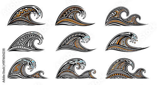 Tribal wave icon set, 9 ocean waves filled with zigzag, dots, and stripe tribal patterns, high contrast colors, decorative vector, clean grid composition, isolated background