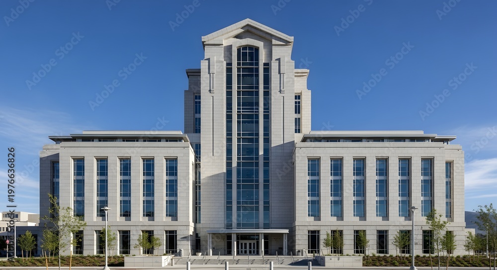 Obraz premium Symmetrical front view of a large modern government courthouse building with light stone facade and glass windows