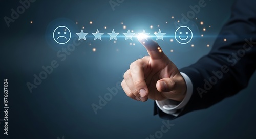 Business professional selecting five star rating on virtual digital interface for customer satisfaction and feedback.