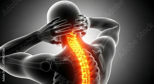 Human spine highlighted in glowing orange indicating pain in neck area.