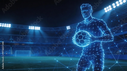 soccer ball player holding a ball standing on grassfield in futuristic blue neon digital environment, technology concept
