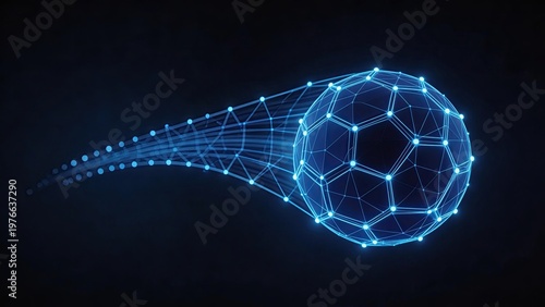 Digital soccer ball flying with a light trail in futuristic blue neon grid style, technology concept