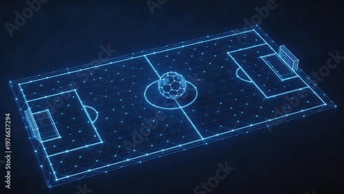 soccer ball on football field in futuristic blue neon digital environment, technology concept