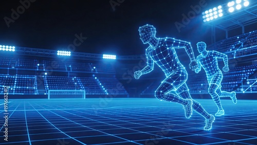 soccer ball player running on grassfield in futuristic blue neon digital environment, technology concept