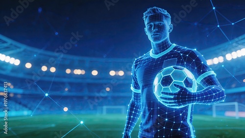 soccer ball player holding a ball standing on grassfield in futuristic blue neon digital environment, technology concept