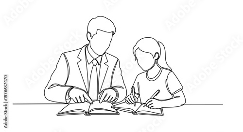 Man and girl reading books together.