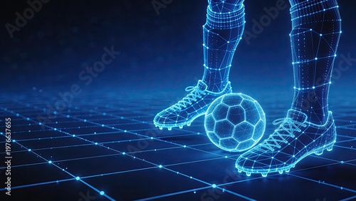 Futuristic and high-tech illustration of soccer player kicking on the ball against a blue grid background
