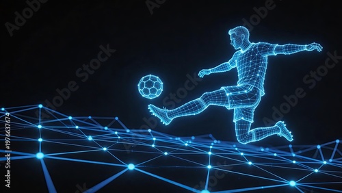 Futuristic and high-tech illustration of soccer football player on blue grid background