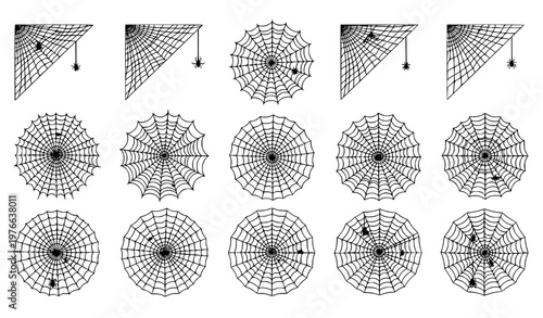 A collection of spider web designs in various shapes and orientations