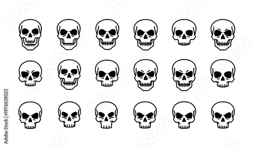 A set of black and white skull illustrations in various orientations