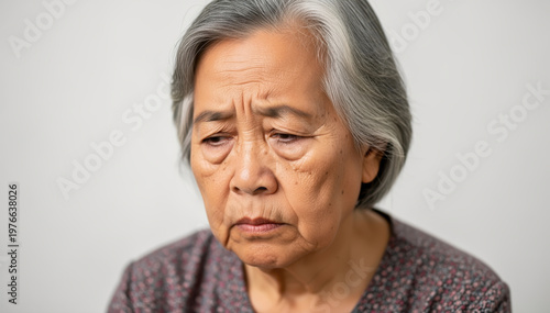 Sadness Reflected: A close-up portrait of an elderly individual, her face etched with a tapestry of life's experiences, revealing profound expressions of sorrow and contemplation.